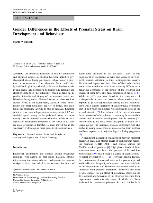(PDF) Gender Differences in the Effects of Prenatal Stress on Brain ...