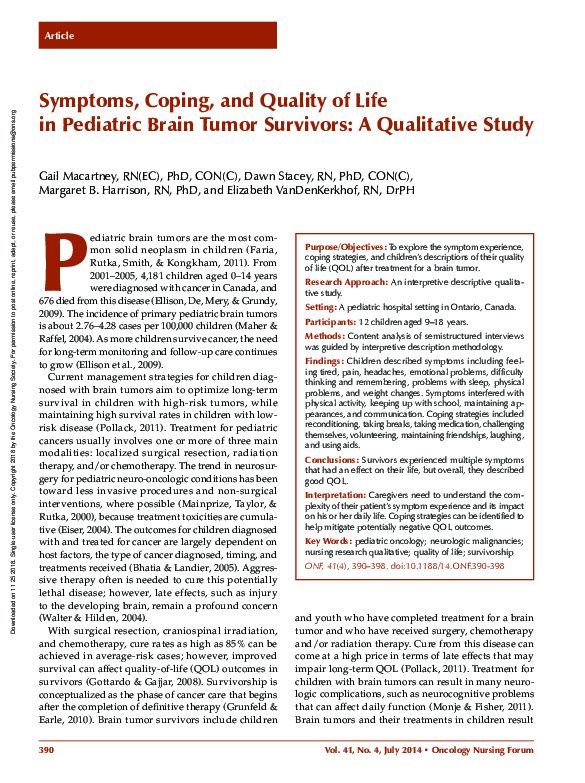 (PDF) Symptoms, Coping, and Quality of Life in Pediatric Brain Tumor ...