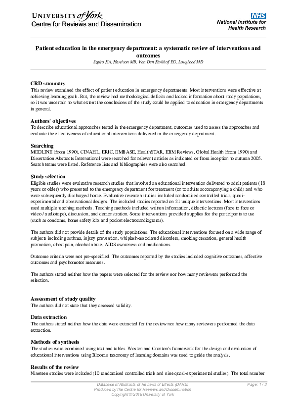 Pdf Patient Education In The Emergency Department