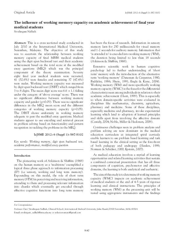 (PDF) The influence of working memory capacity on academic achievement ...