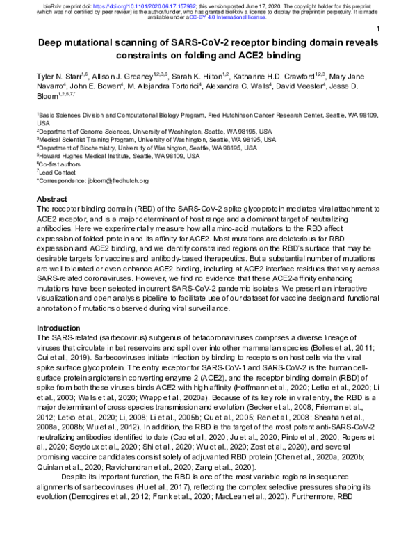 Deep mutational scanning of SARS-CoV-2 receptor binding domain reveals constraints on folding and ACE2 binding