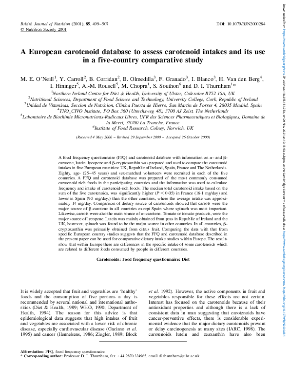 (PDF) A European carotenoid database to assess carotenoid intakes and its use in a fivecountry