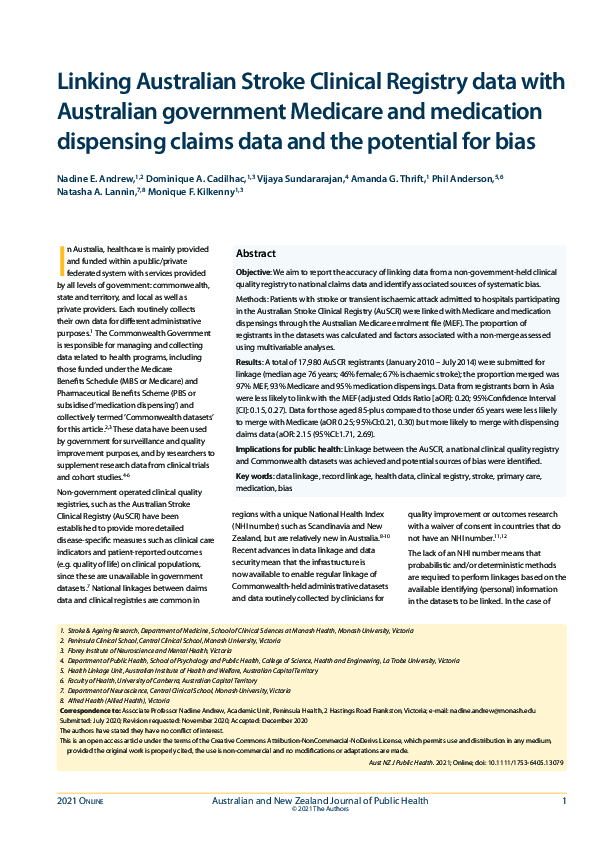 (PDF) Linking Australian Stroke Clinical Registry data with Australian ...