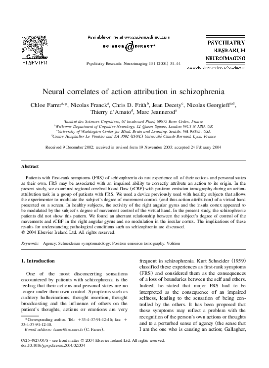 (PDF) Neural correlates of action attribution in schizophrenia