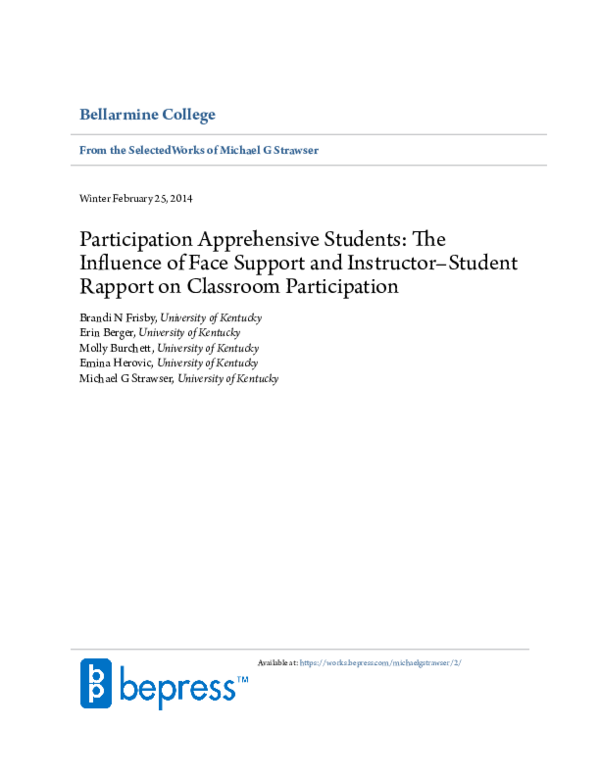 (PDF) Participation Apprehensive Students: The Influence of Face ...