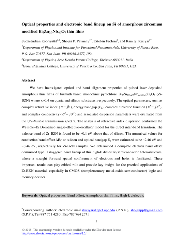 (PDF) Optical properties and electronic band lineup on Si of amorphous ...
