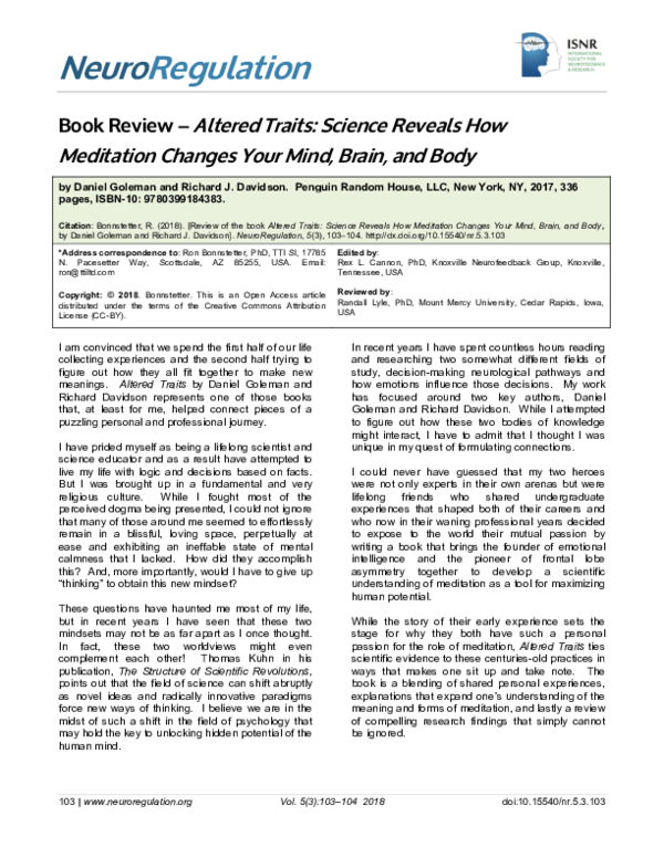 (PDF) Book Review - Altered Traits: Science Reveals how meditation ...