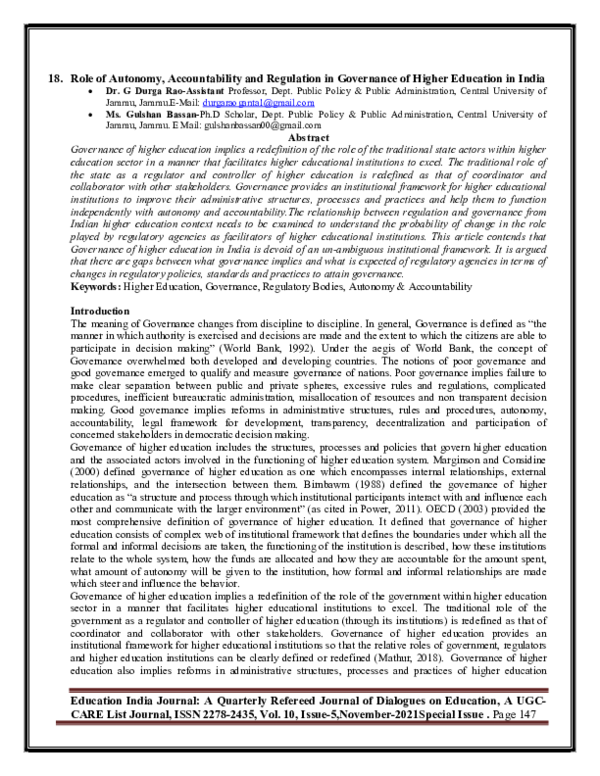 (PDF) 8. Role of Autonomy, Accountability and Regulation in Governance ...
