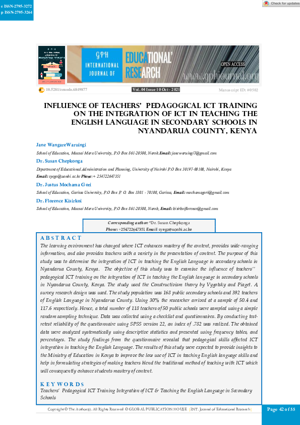(PDF) Influence of Teachers Pedagogical ICT Training on The Integration ...
