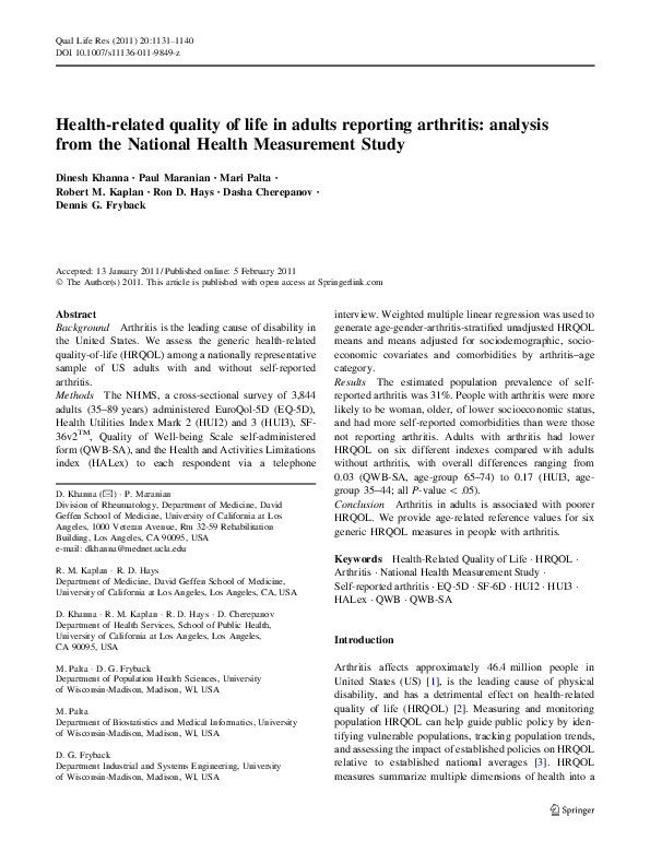 (PDF) Health-related quality of life in adults reporting arthritis ...