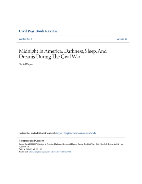 (PDF) Midnight In America: Darkness, Sleep, And Dreams During The Civil War