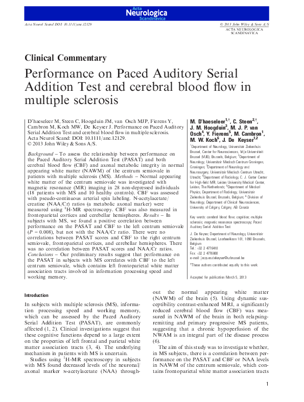 (PDF) Performance on Paced Auditory Serial Addition Test and cerebral ...