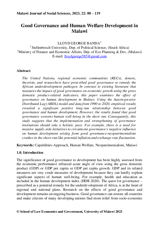 (PDF) Good Governance and Human Welfare Development in Malawi