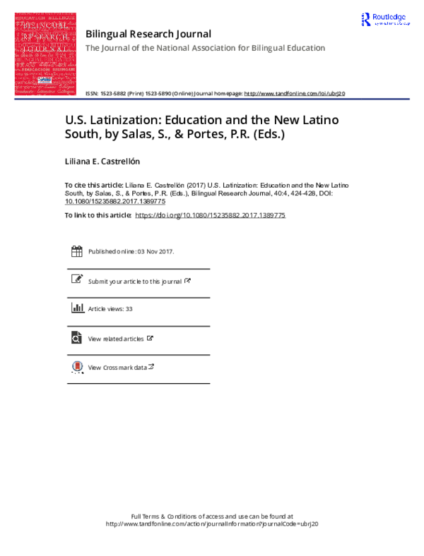 (PDF) U.S. Latinization: Education and the New Latino South, by Salas ...