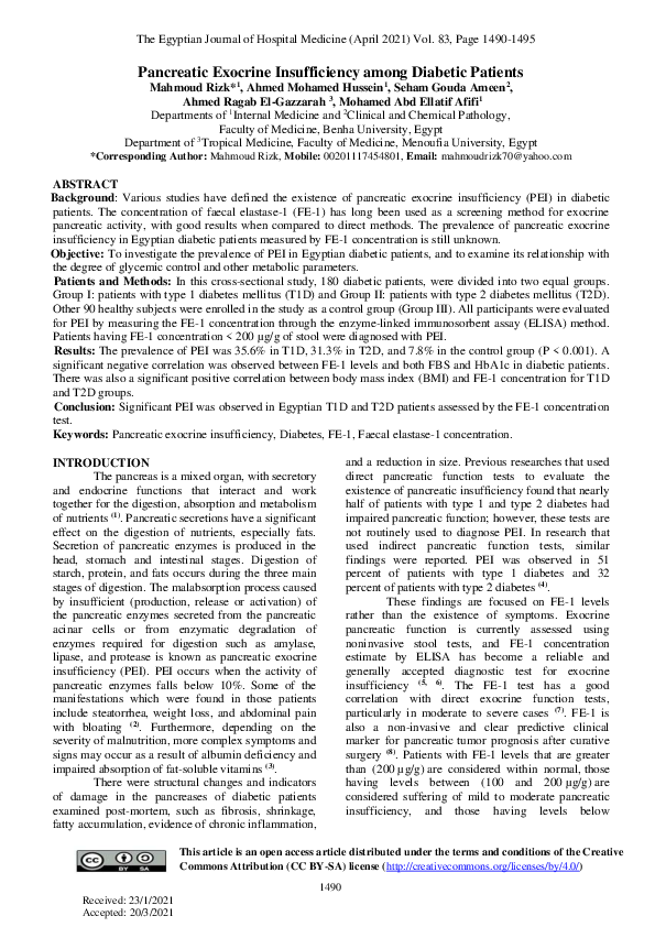 (PDF) Pancreatic Exocrine Insufficiency among Diabetic Patients