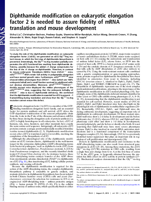 (PDF) Diphthamide modification on eukaryotic elongation factor 2 is ...