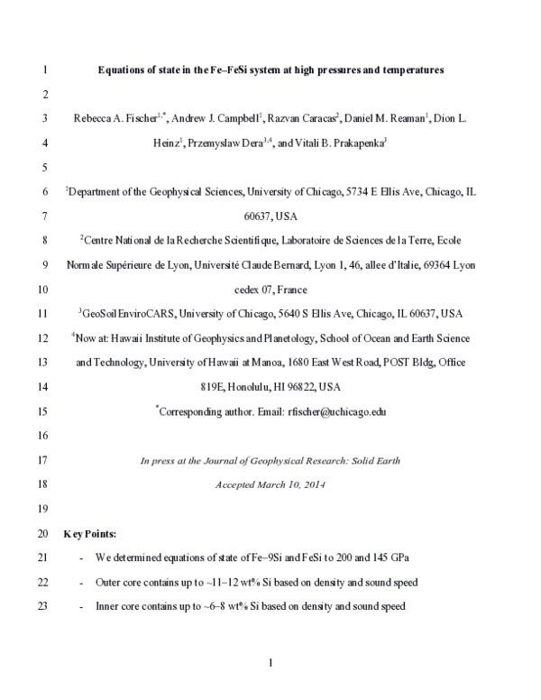 (PDF) Equations of state in the Fe‐FeSi system at high pressures and ...
