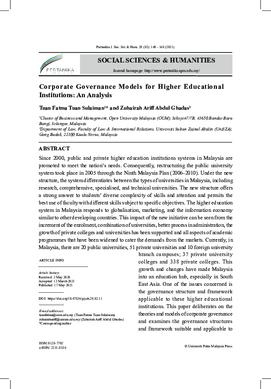 (PDF) Corporate Governance Models for Higher Educational Institutions ...