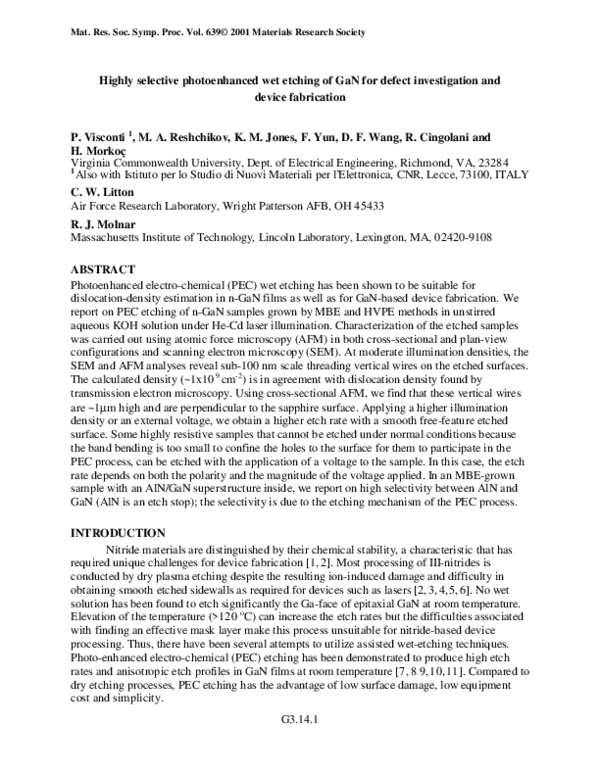 (PDF) Highly selective photoenhanced wet etching of GaN for defect ...