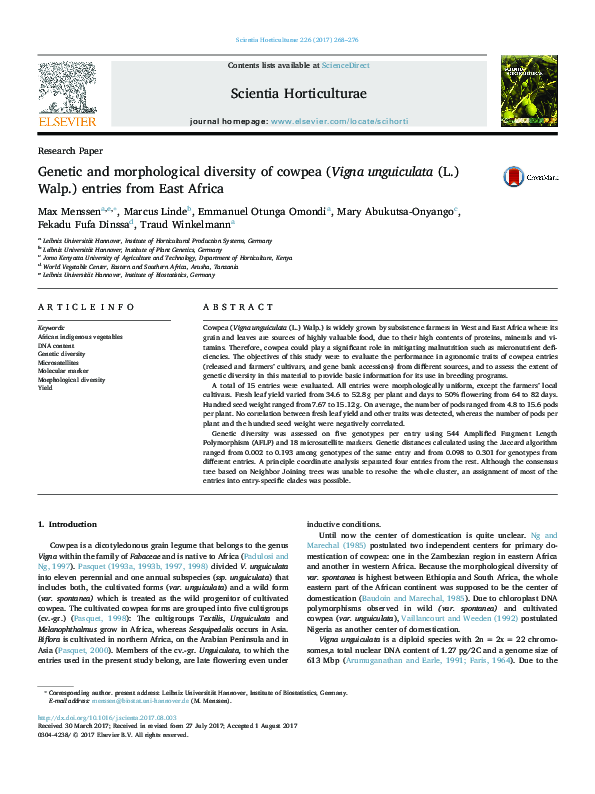 (PDF) Genetic and morphological diversity of cowpea (Vigna unguiculata ...