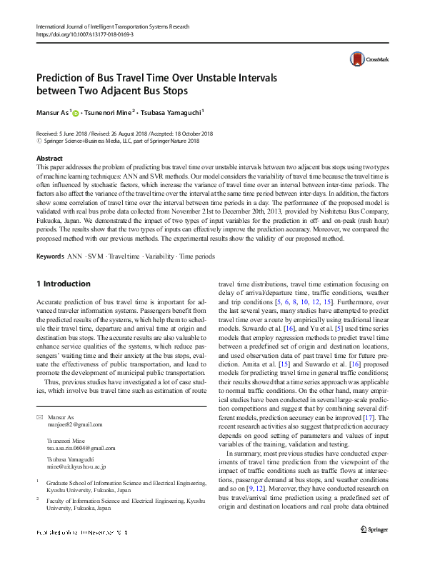 (PDF) Prediction of Bus Travel Time Over Unstable Intervals between Two ...