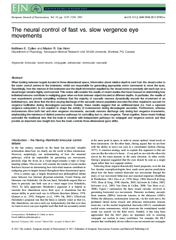 (PDF) The neural control of fast vs. slow vergence eye movements