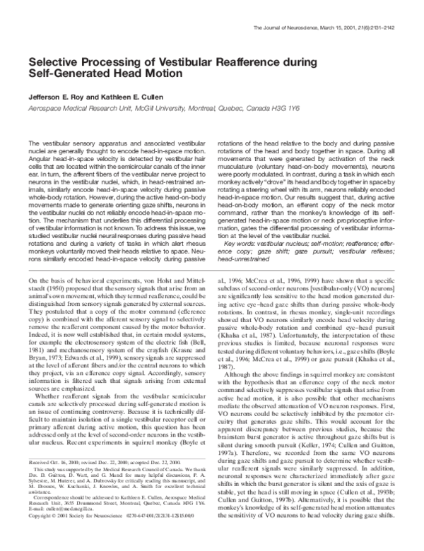 (PDF) Selective Processing of Vestibular Reafference during Self ...