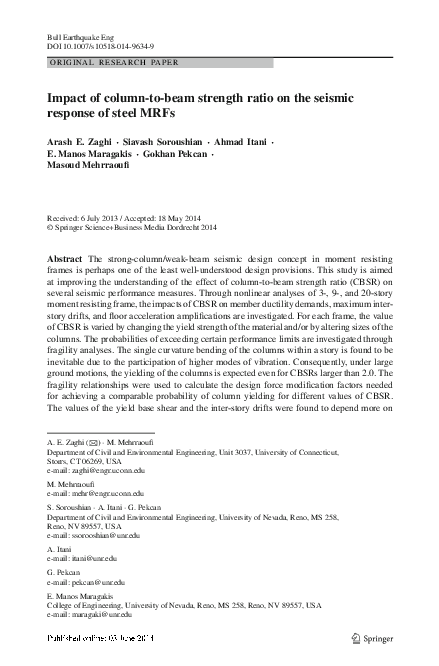 Pdf Impact Of Column To Beam Strength Ratio On The Seismic Response
