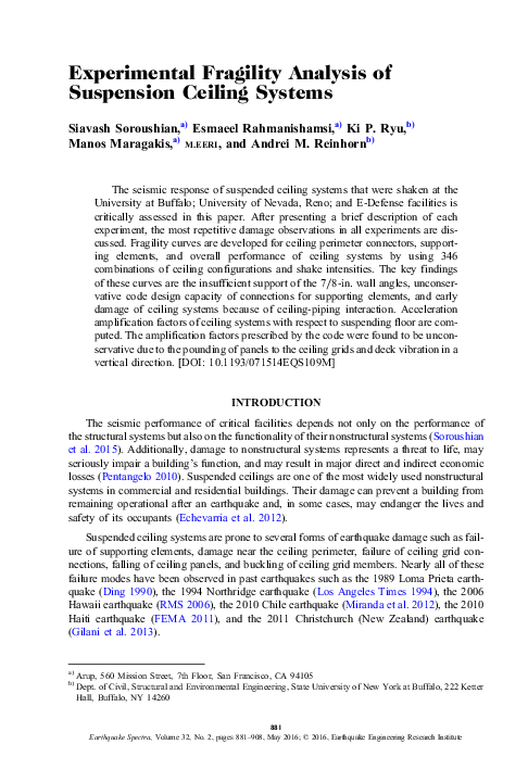 (PDF) Experimental Fragility Analysis of Suspension Ceiling Systems