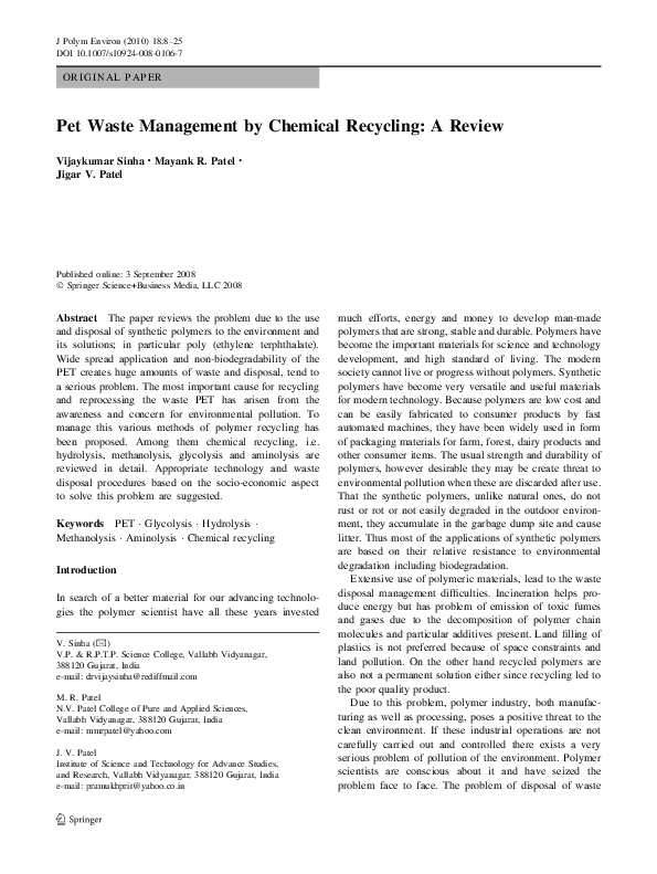 (PDF) Pet Waste Management by Chemical Recycling: A Review