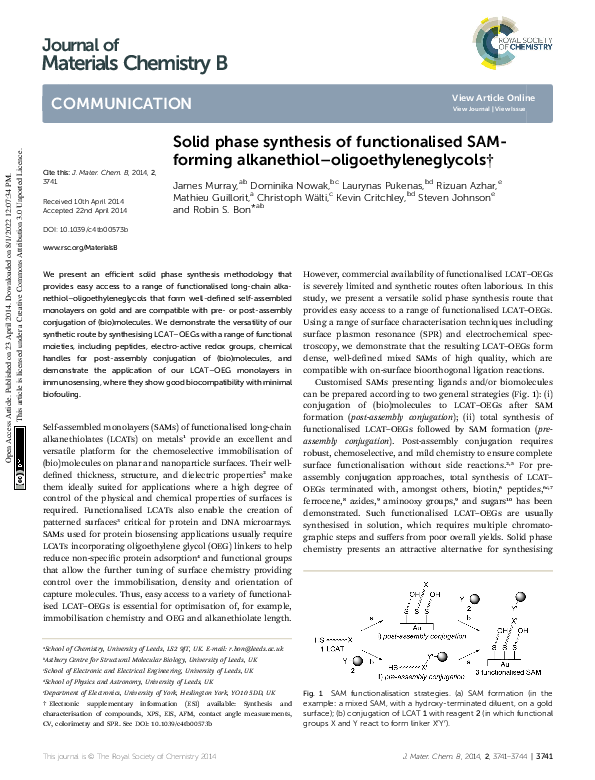 (PDF) Solid phase synthesis of functionalised SAM-forming alkanethiol ...