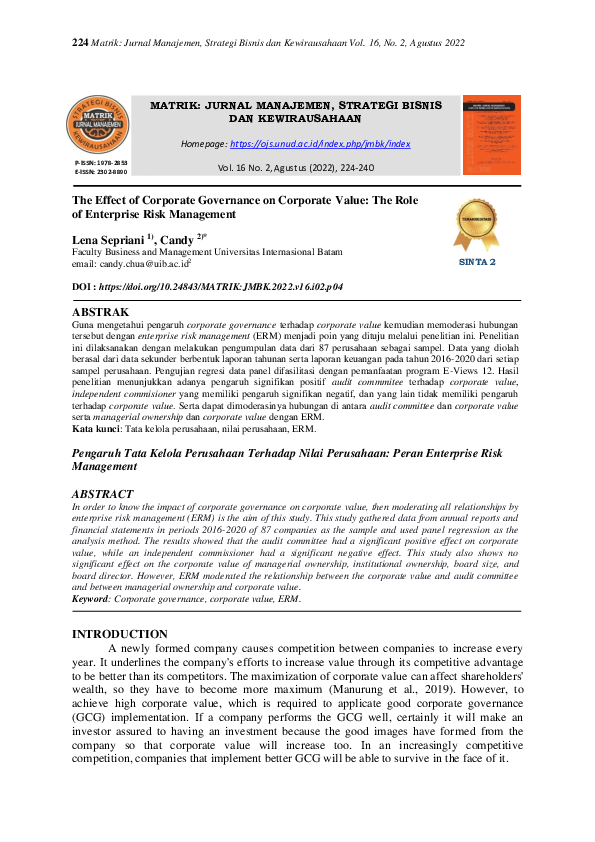 (PDF) The Effect of Corporate Governance on Corporate Value: The Role ...