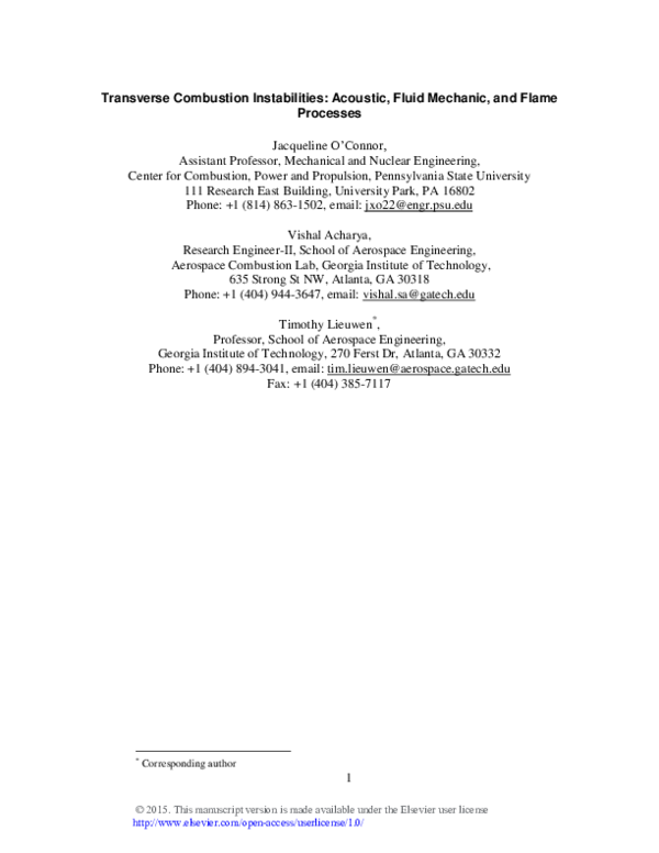 Pdf Transverse Combustion Instabilities Acoustic Fluid Mechanic