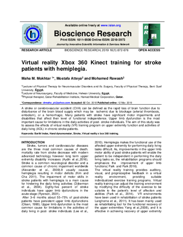(PDF) Virtual reality Xbox 360 Kinect training for stroke patients with ...