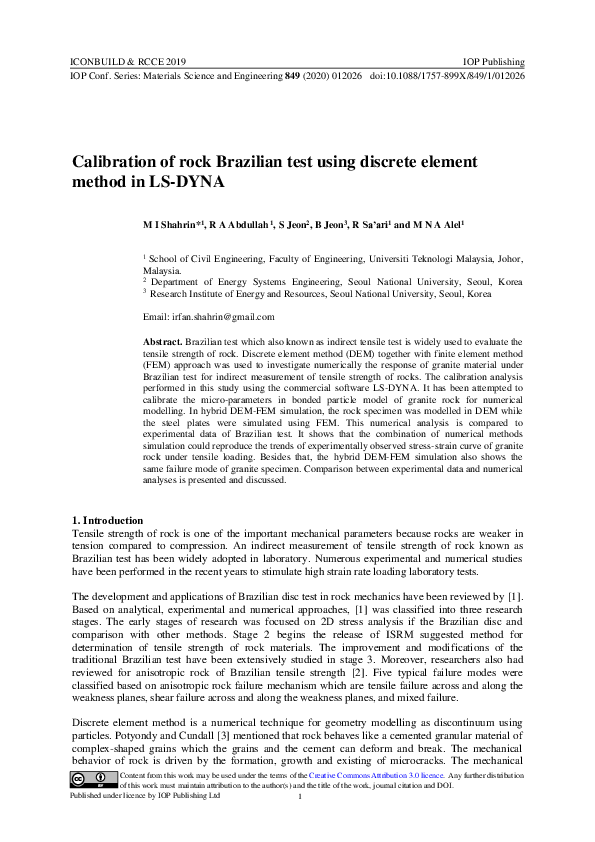 (PDF) Calibration of rock Brazilian test using discrete element method ...