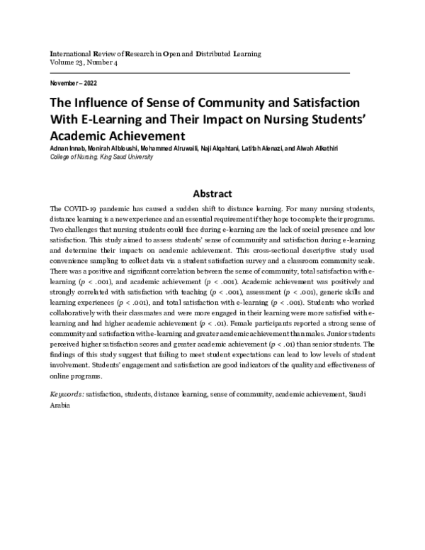 (PDF) The Influence of Sense of Community and Satisfaction With E ...