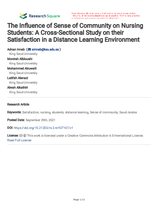 (PDF) The Influence of Sense of Community on Nursing Students: A Cross ...