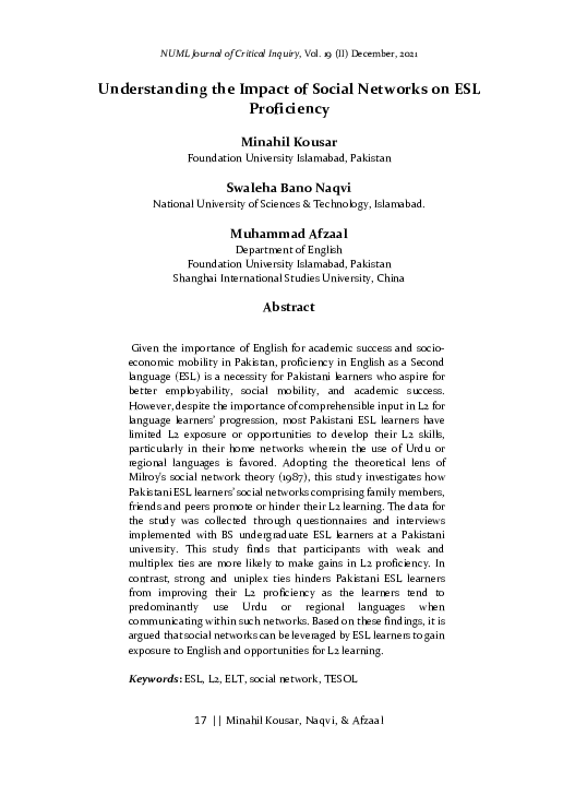 (PDF) Understanding the Impact of Social Networks on ESL Proficiency