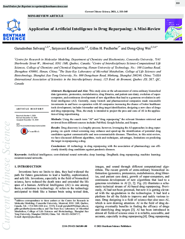 (PDF) Application of Artificial Intelligence in Drug Repurposing: A ...
