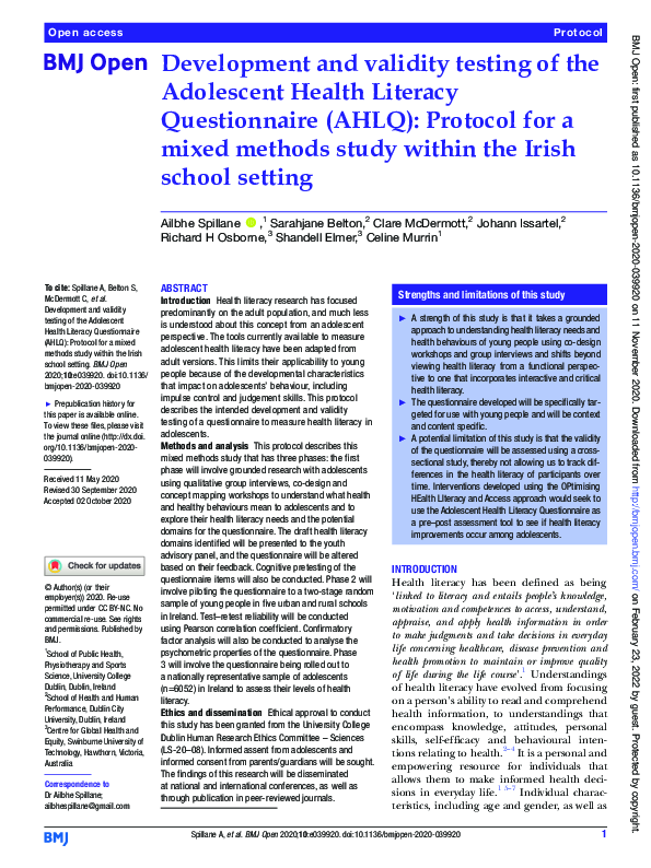 (PDF) Development and validity testing of the Adolescent Health ...