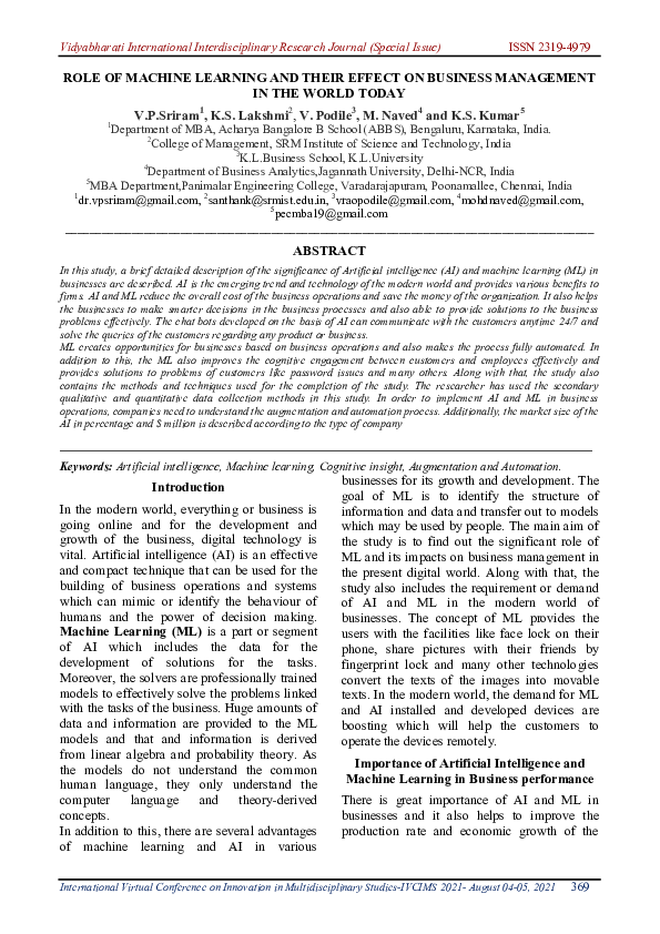 (PDF) ROLE OF MACHINE LEARNING AND THEIR EFFECT ON BUSINESS MANAGEMENT ...