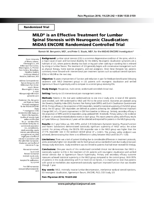 (PDF) MILD® is an Effective Treatment for Lumbar Spinal Stenosis with ...