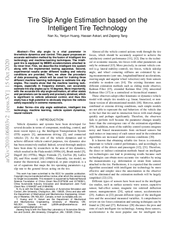 (PDF) Tire Slip Angle Estimation Based on the Intelligent Tire Technology