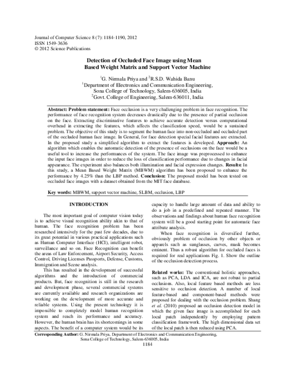 (PDF) Detection of Occluded Face Image using Mean Based Weight Matrix ...