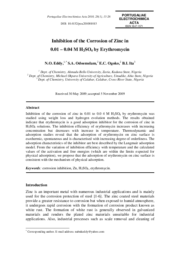 (PDF) Inhibition of the Corrosion of Zinc in 0.01 - 0.04 M H2SO4 by ...