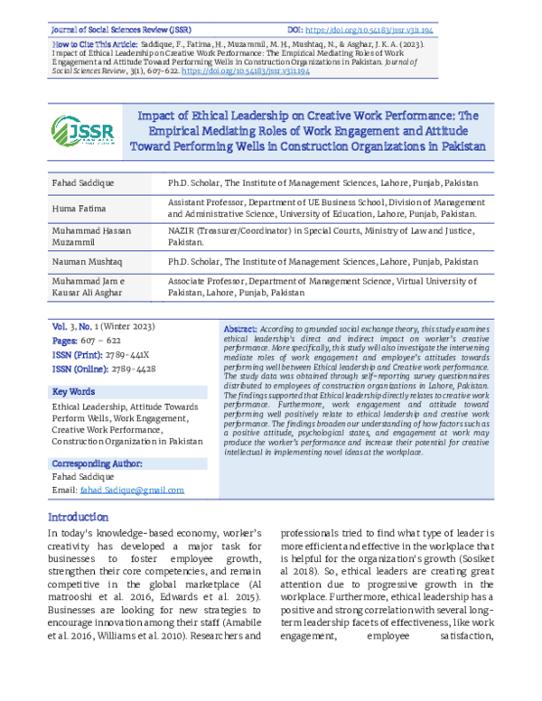 (PDF) Impact of Ethical Leadership on Creative Work Performance: The ...