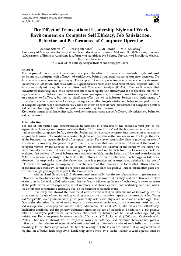 (PDF) The Effect of Transcational Leadership Style and Work Environment ...