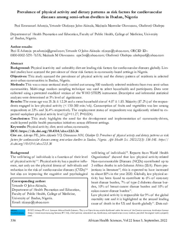 (PDF) Prevalence of physical activity and dietary patterns as risk ...