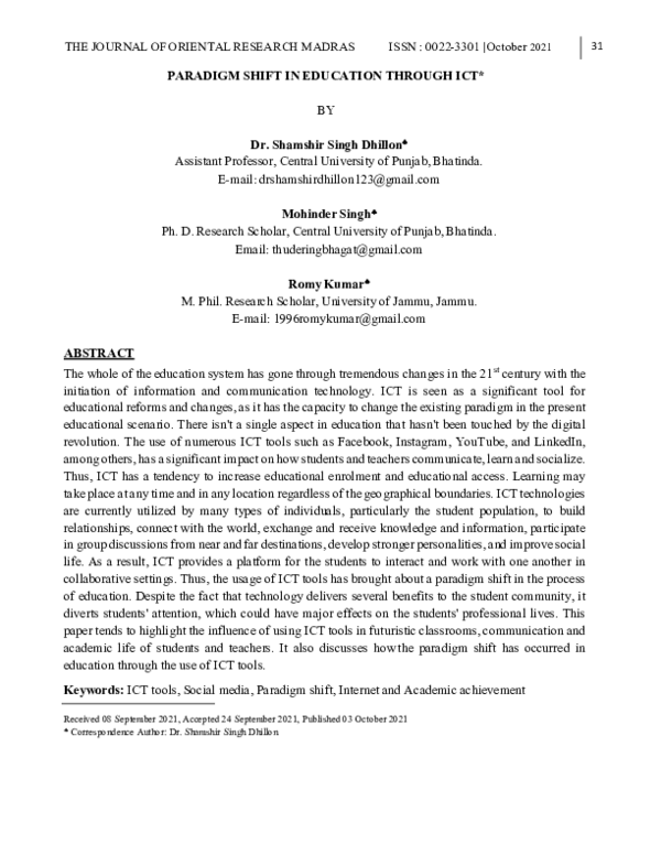 Pdf Paradigm Shift In Education Through Ict