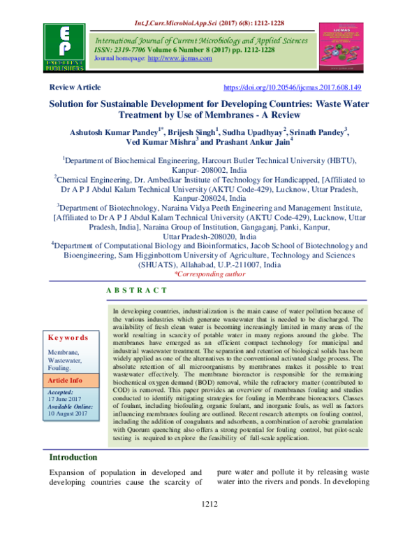 (PDF) Solution for Sustainable Development for Developing Countries Waste Water Treatment by